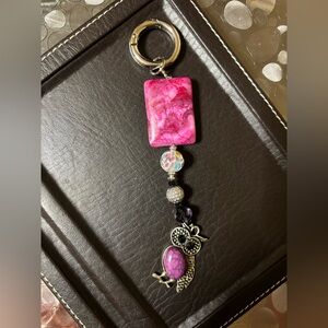 Pink Owl Keychain/Bag Charm with a Crystal Accent & a transparent colored bead